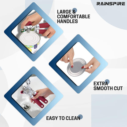 Rainspire Can Opener Manual Handheld Strong Manual Can Opener Smooth Edge Cut, Can Opener Heavy Duty, Comfortable Soft Handle, Built-in Bottle Opener, Turquoise