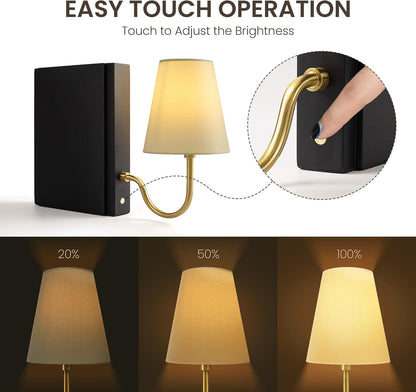 AELS Solid Wood Bookshelf Lamp with Bulb, Cordless Rechargeable Touch Dimmable Table Lamp with Linen Fabric Shade, Modern Decorative Bookend Lamp for Bedroom, Office & Bookshelf Decor, Dark Brown