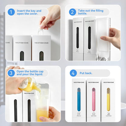 Shower Soap Dispenser Bathroom Accessories Set Wall Mounted No Drill | 3 Chamber Body Wash Shampoo and Conditioner Dispenser 1200ml Shampoo Bottles Holder Refillable with Pump for Hotel RV Laundry