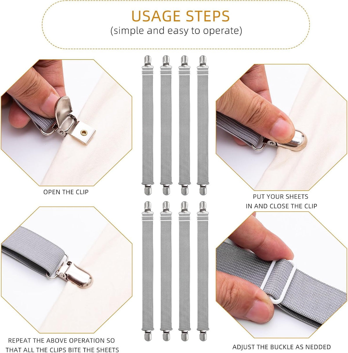 Adjustable Bed Sheet Straps Clips, Elastic Mattress Sheet Fasteners Holder and Suspenders, Grippers to Hold Sheet, Mattress, Sofa, Couch, Table Cloth, Ironing Board Cover, Black
