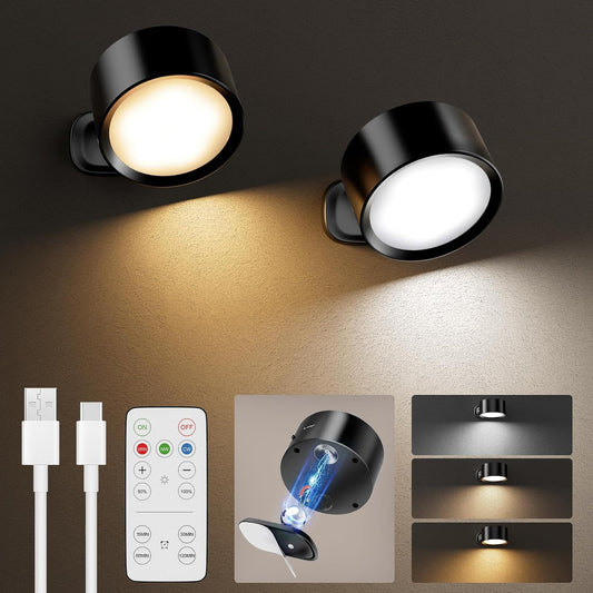 LED Wall Mounted Lights,Rechargeable Battery Operated Wall Sconce with Remote,3 Color Temperatures & Dimmable Magnetic 360° Rotation Cordless Wall Light for Bedside Reading,Bedroom,Closet,2 Pack