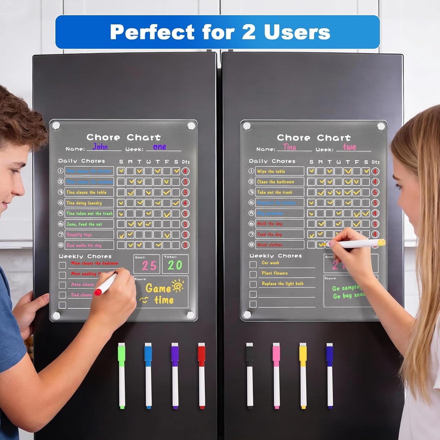 2 Pack Acrylic Magnetic Chore Chart Set for Refrigerator,Erasable Chore Chart for Teens and Adults,11,8"×8.3" Frosted Weekly Dry Erase Board w/ 8 Markers & 1 Cleaning Cloth