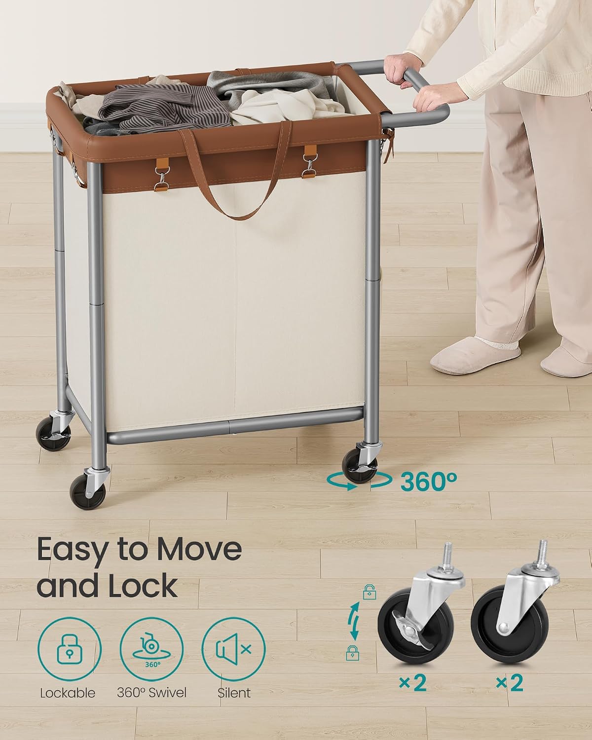 SONGMICS Laundry Basket with Wheels, 4-Section Rolling Laundry Hamper, 68.6 Gallons (260 L), Removable Liner, Steel Frame with Handle, 43.3 x 15.4 x 31.9 Inches, Cream White URLS014W01