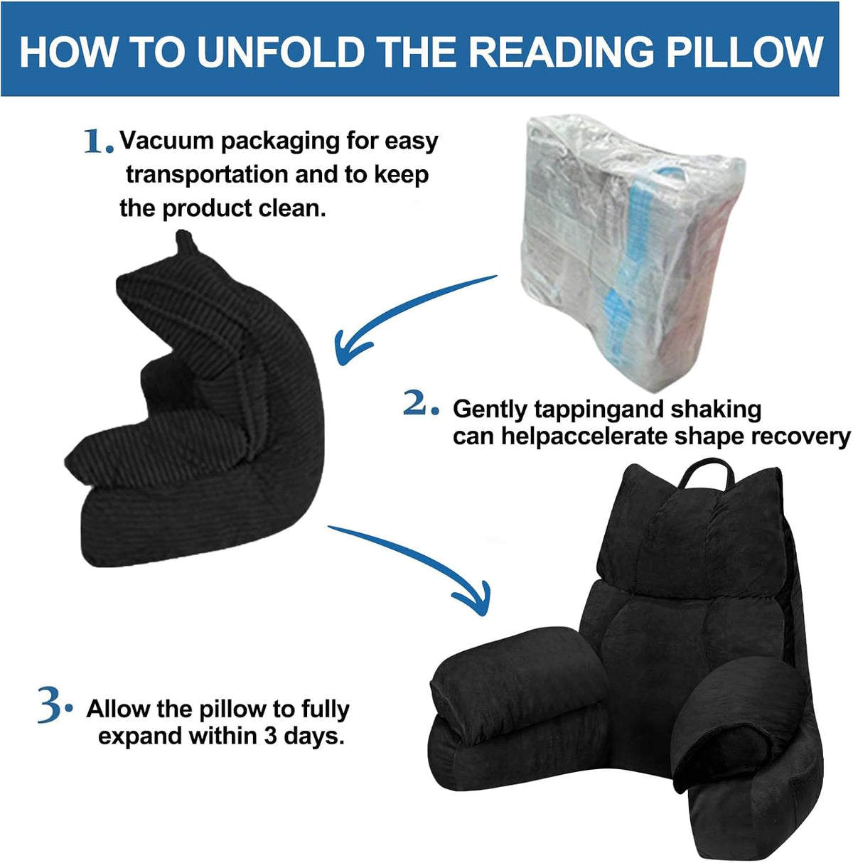 Reading Pillow for Bed with Arms, Back Support, Memory Foam（Grey Black）