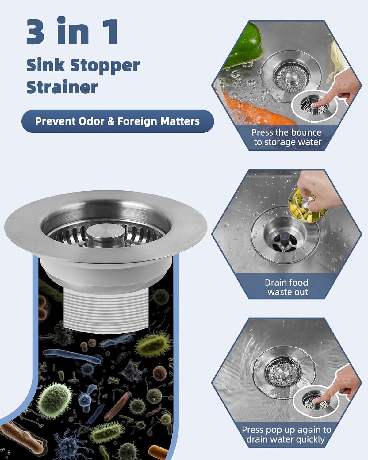 Universal 3 in 1 Kitchen Sink Drain Strainer Stopper Combo, Matte Black | Stainless Steel Shell Pop Up Sink Stopper for US Standard 3-1/2 inch Drain Filter, Anti-Clog and Easy Clean