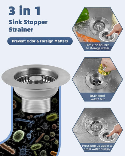 Universal 3 in 1 Kitchen Sink Drain Strainer Stopper Combo, Matte Black | Stainless Steel Shell Pop Up Sink Stopper for US Standard 3-1/2 inch Drain Filter, Anti-Clog and Easy Clean