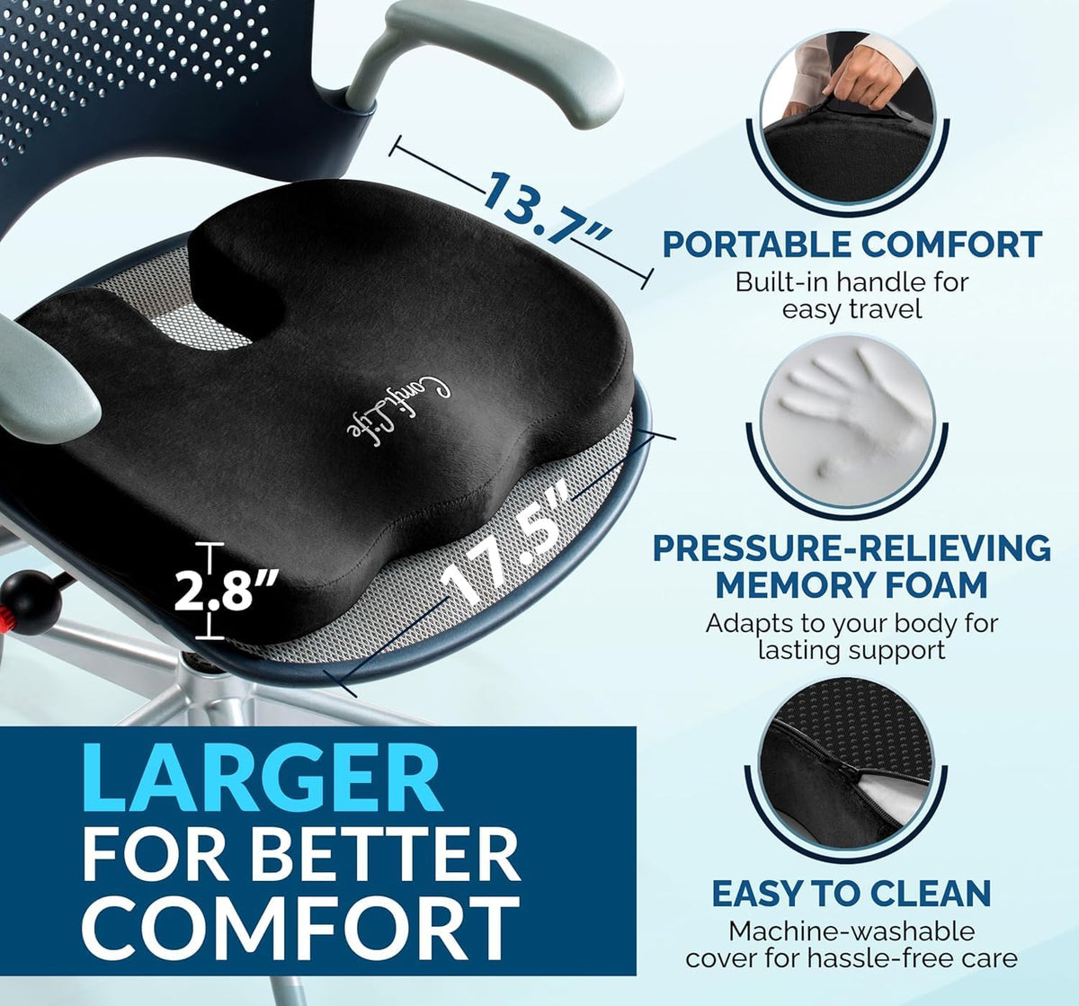 ComfiLife Doctor Recommended Seat Cushion - Premium Gel & Memory Foam Office Chair, Car Seat, Lifting Cushion - Chair Cushions for Back & Sciatica Relief - Seat Cushions for Office & Desk (Black)