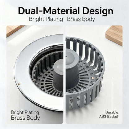 Solid Brass Body 3-in-1 Kitchen Sink Drain Strainer & Stopper, Heavy Duty Pop Up Plug Assembly with 2 Baskets, Anti-Clog Replacement for US Standard 3-1/2 Inch Drains, Rust-Proof Silver