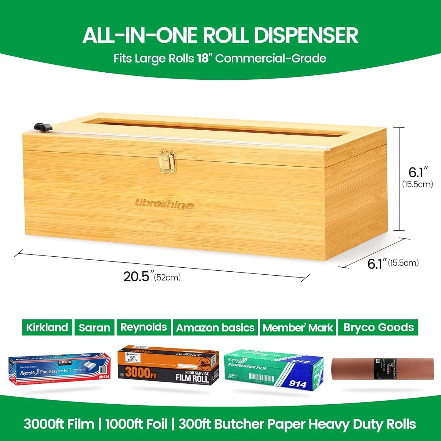 Bamboo 18 Inch Commercial Plastic Wrap Dispenser with Cutter | Bamboo paper roll cutter with low-noise roller; fits up to 3000ft food service film, 500–1000ft foil and select paper rolls