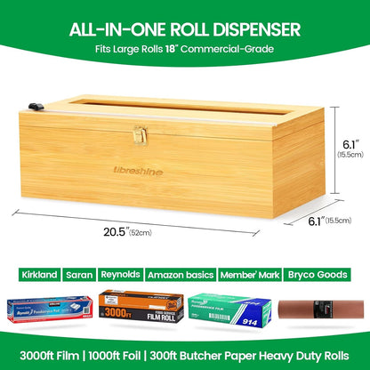 Bamboo 18 Inch Commercial Plastic Wrap Dispenser with Cutter | Bamboo paper roll cutter with low-noise roller; fits up to 3000ft food service film, 500–1000ft foil and select paper rolls