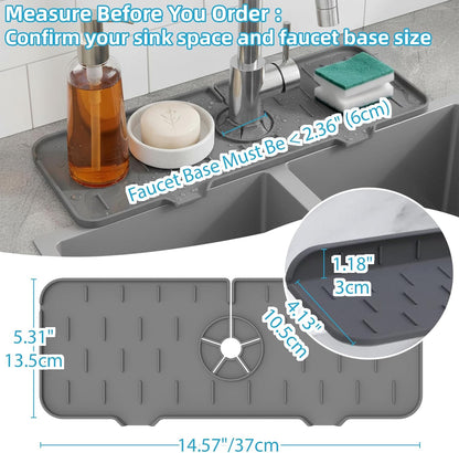 Silicone Faucet Handle Drip Catcher Drying Tray Mat Dish Soap Sponge Holder Accessories Gadgets for Kitchen Counter Bathroom Kitchen Sink Splash Guard (Gray, 24")