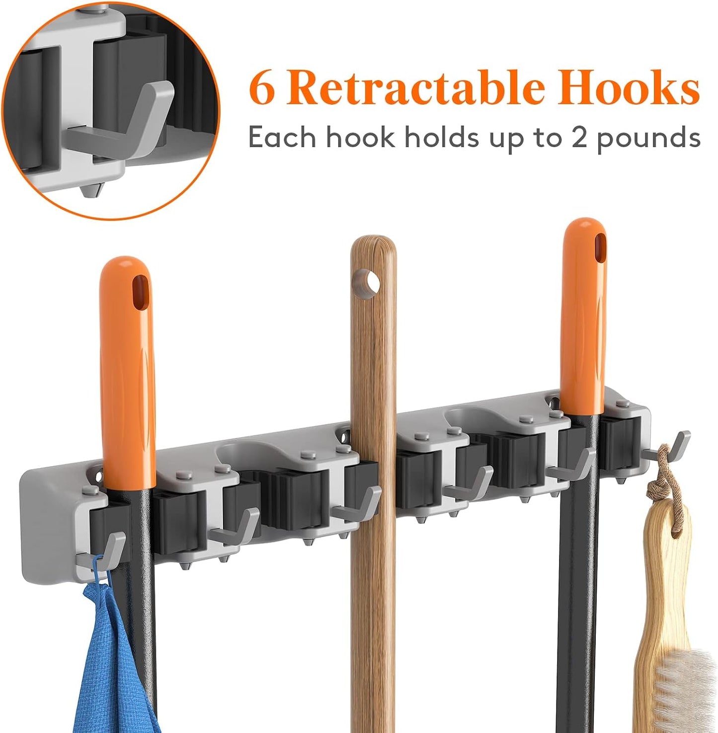 Lifewit Mop and Broom Holder Organzier Wall Hanging Mount, Black, 1 Pack | Anti-Slip Broom Storage for Cleaning Organizer, Easy Install Tool Hanging Rack with 5 slots & 6 hooks for Kitchen, Garage