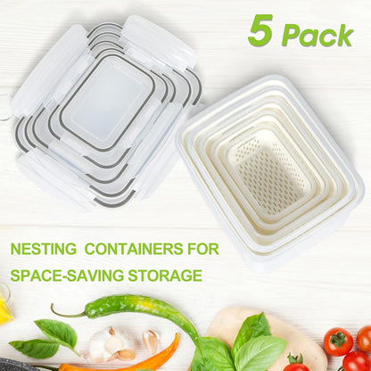 5 Pack Fruit Storage Containers for Fridge Berry Keeper Produce Saver | Leak-proof Food Container Set with Colander Veggie Keep Fresh BPA Free Plastic Refrigerator Organizer Freezer Dishwasher Safe