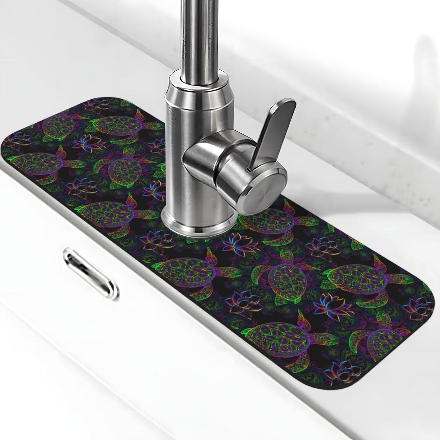 Aquamarine Blue Mexican Tiles Faucet Splash Guard Mat for Kitchen Sink 15x5.5" - Colors B
