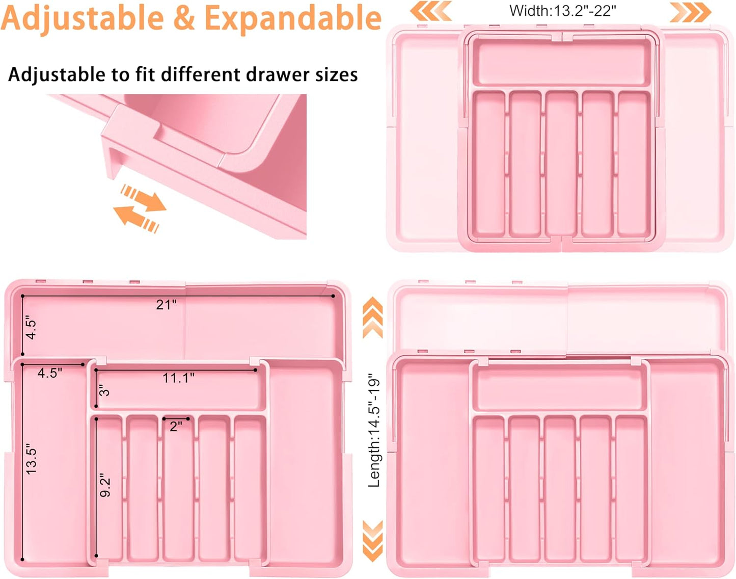 Large Silverware Drawer Organizer Expandable Kitchen Utensil Organizer BPA Free Flatware Cutlery Holder Tray Adjustable Plastic Drawer Divider Storage for Forks Knives 6-9 Slots White
