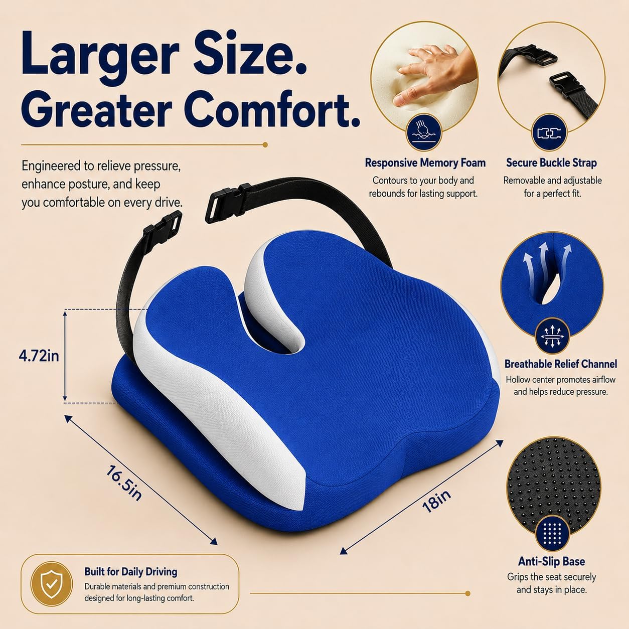 Memory Foam Ergonomic Seat Cushion for Office Chairs Pain Relief | Suitable for prolonged sitting, relieves tailbone pain, fits office chairs, wheelchairs, car seats and computer desk chairs