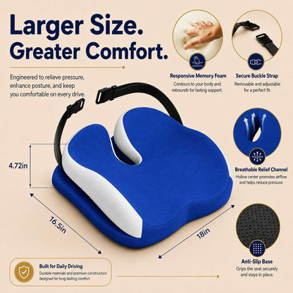 Memory Foam Ergonomic Seat Cushion for Office Chairs Pain Relief | Suitable for prolonged sitting, relieves tailbone pain, fits office chairs, wheelchairs, car seats and computer desk chairs