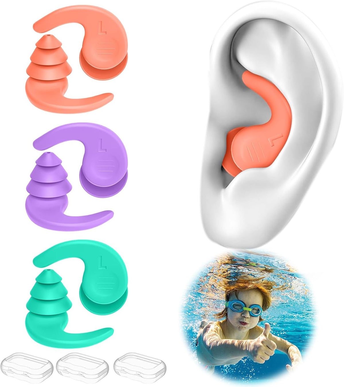 Swimming Ear Plugs for Adults,3 Pairs Waterproof Reusable Silicone Swim Earplugs for Swimming Surfing Snorkeling Showering and Water Pool,Beach,Ocean (Adults & Teens 14+)