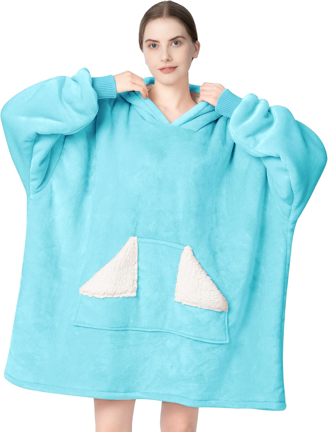 Wearable Blanket Hoodie, Oversized Sherpa Fleece Sweatshirt Blanket with Giant Hood Pocket and Sleeves for Adult, Warm & Cozy Grey Blanket Gifts for Women