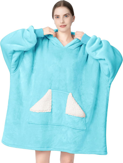 Wearable Blanket Hoodie, Oversized Sherpa Fleece Sweatshirt Blanket with Giant Hood Pocket and Sleeves for Adult, Warm & Cozy Grey Blanket Gifts for Women