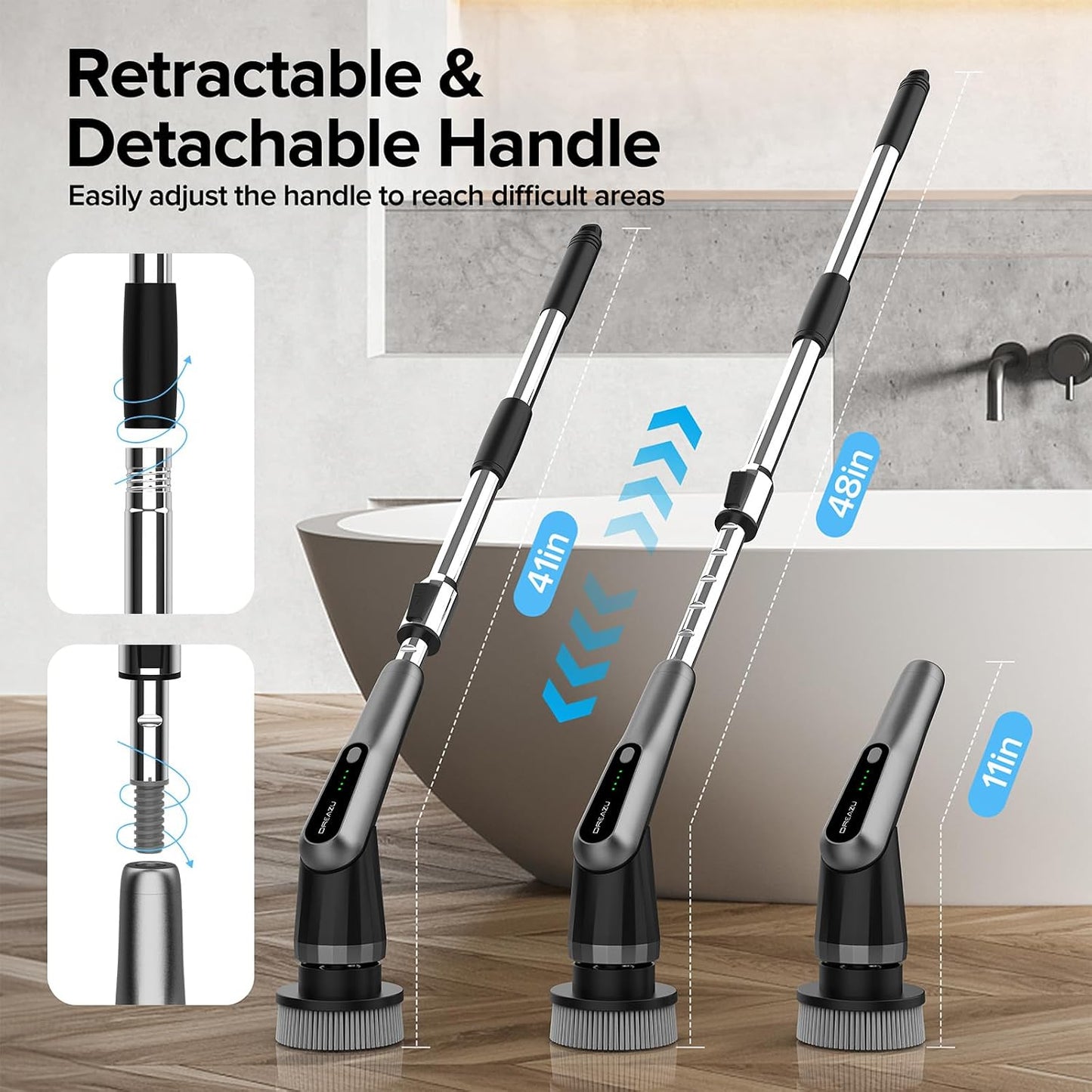 Dreazu Electric Spin Scrubber, 10-in-1 Shower Scrubber & Retractable Long Handle, 44 lbs High-Torque & Variable Speed Shower Cleaning Brush for Bathroom,Toilet, Bathtub, Kitchen, Tile Floors