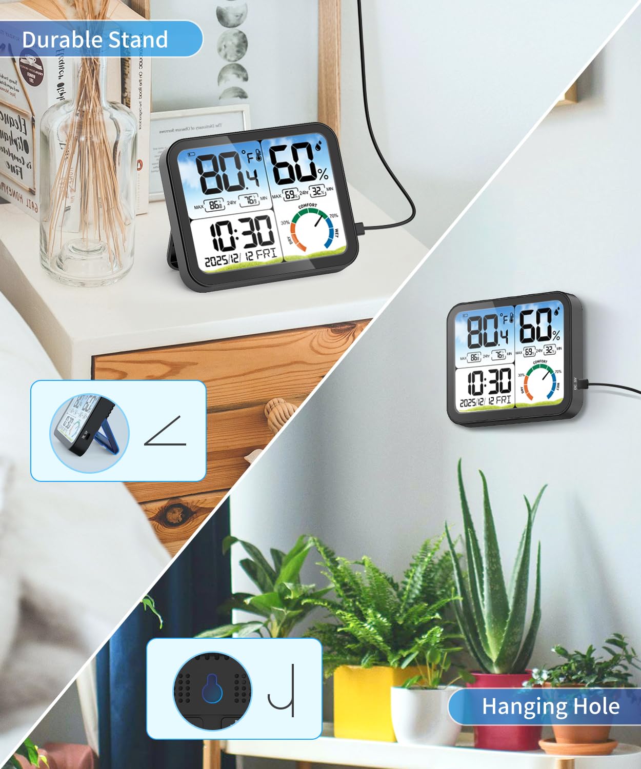 5.8'' Digital Indoor Thermometer Hygrometer, Temp Humidity Monitor & Clock | USB-C & Battery Powered, Large Backlit Display, Calibratable Readings, Max & Min Records, Comfort Level, Date & Time Display