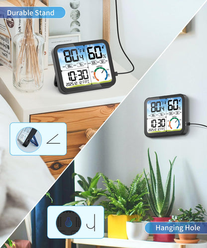 5.8'' Digital Indoor Thermometer Hygrometer, Temp Humidity Monitor & Clock | USB-C & Battery Powered, Large Backlit Display, Calibratable Readings, Max & Min Records, Comfort Level, Date & Time Display