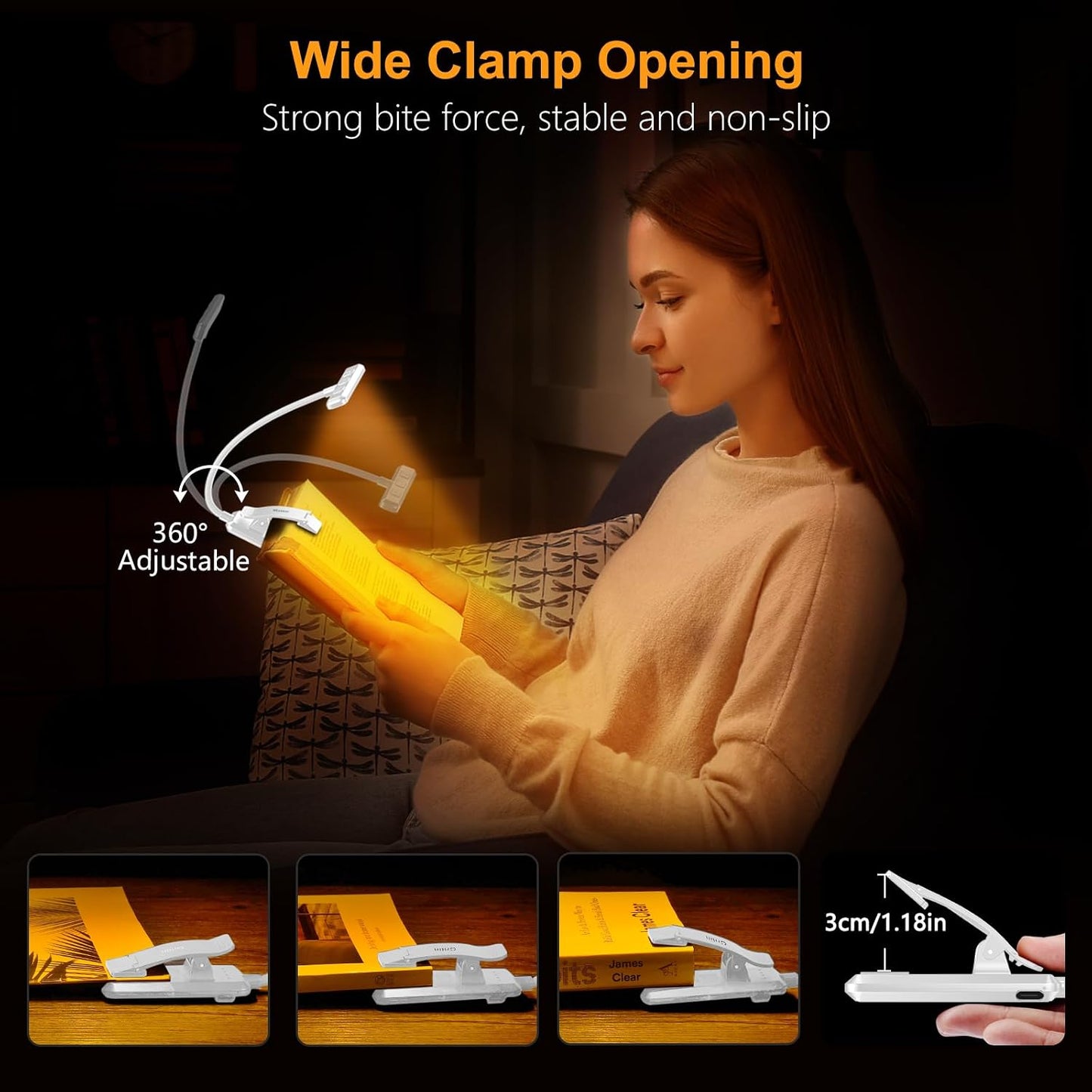 Gritin 19 LED Rechargeable Book Light for Reading in Bed | Eye Caring 3 Color Temps,Stepless Dimming Brightness,Memory Function,90 Hrs Runtime Lightweight Clip on Light for Book Lovers