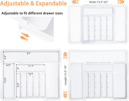 Large Silverware Drawer Organizer Expandable Kitchen Utensil Organizer BPA Free Flatware Cutlery Holder Tray Adjustable Plastic Drawer Divider Storage for Forks Knives 6-9 Slots White