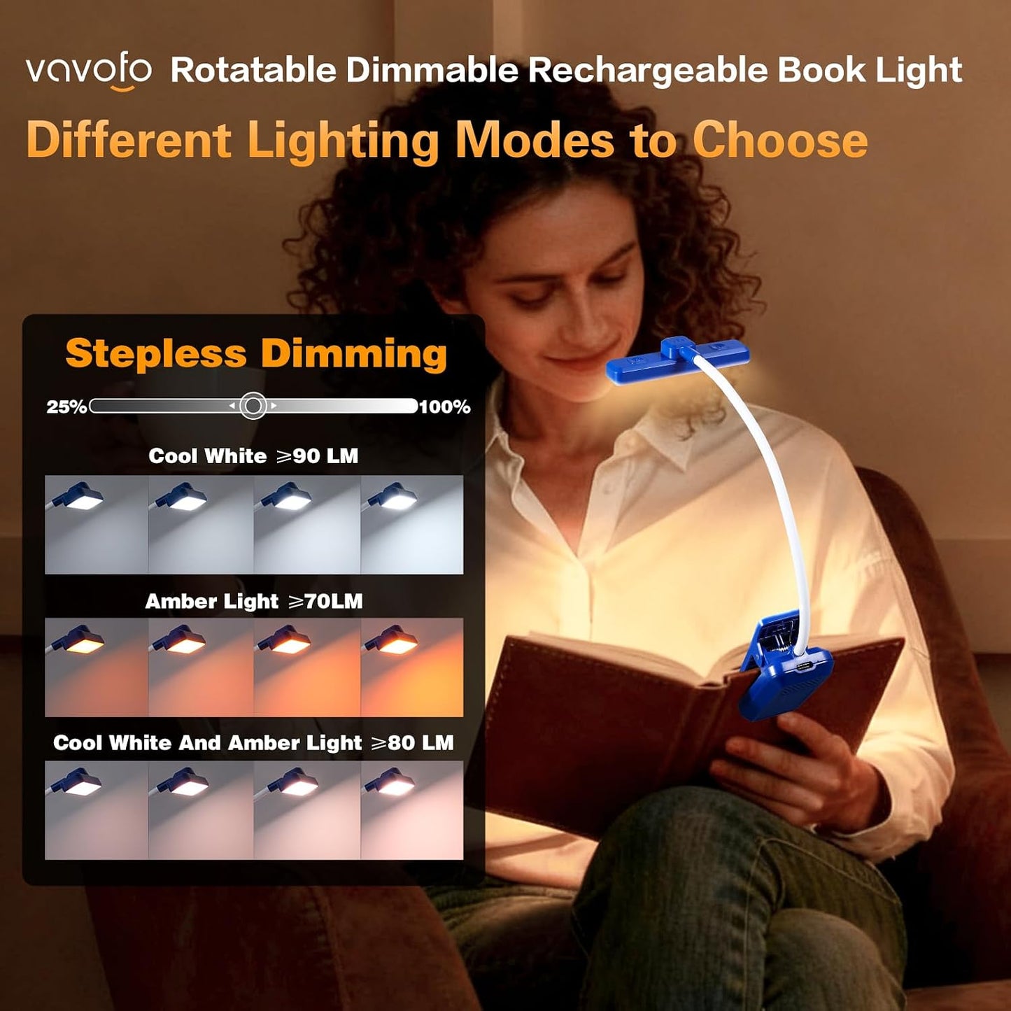 VAVOFO Rechargeable Book Light Rotatable：24 LEDs Reading Light, 3-Color & 9-Brightness Book Lamp, Eye Cared 120Hrs Runtime Lightweight Clip on Led Light for Book Lovers (Black)