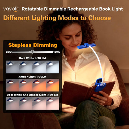 VAVOFO Rechargeable Book Light Rotatable：24 LEDs Reading Light, 3-Color & 9-Brightness Book Lamp, Eye Cared 120Hrs Runtime Lightweight Clip on Led Light for Book Lovers (Black)