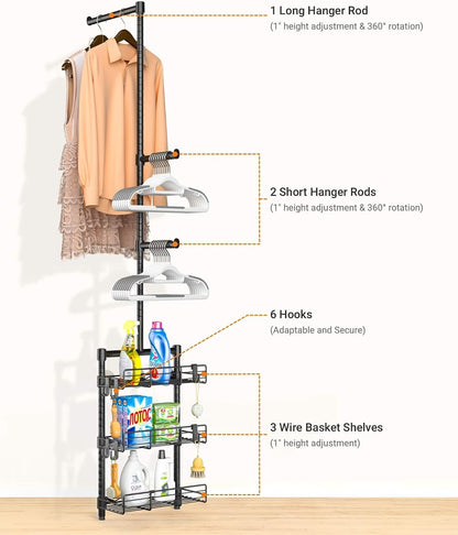 Laundry Room Shelves - Over the Washer and Dryer Storage Shelf, Laundry Hanging Rod with Basket and Hanger Organizer for Laundry Room Organization