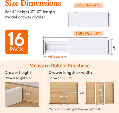 Lifewit 5 Pack Upgrade Drawer Dividers for Clothes, 4" High 11"-17" Adjustable Dresser Drawer Organizers, Expandable White Plastic Drawer Separators for Kitchen, Nursery, Office Organization & Storage | 5 Pack 11"-17" Expandable White Plastic Drawer