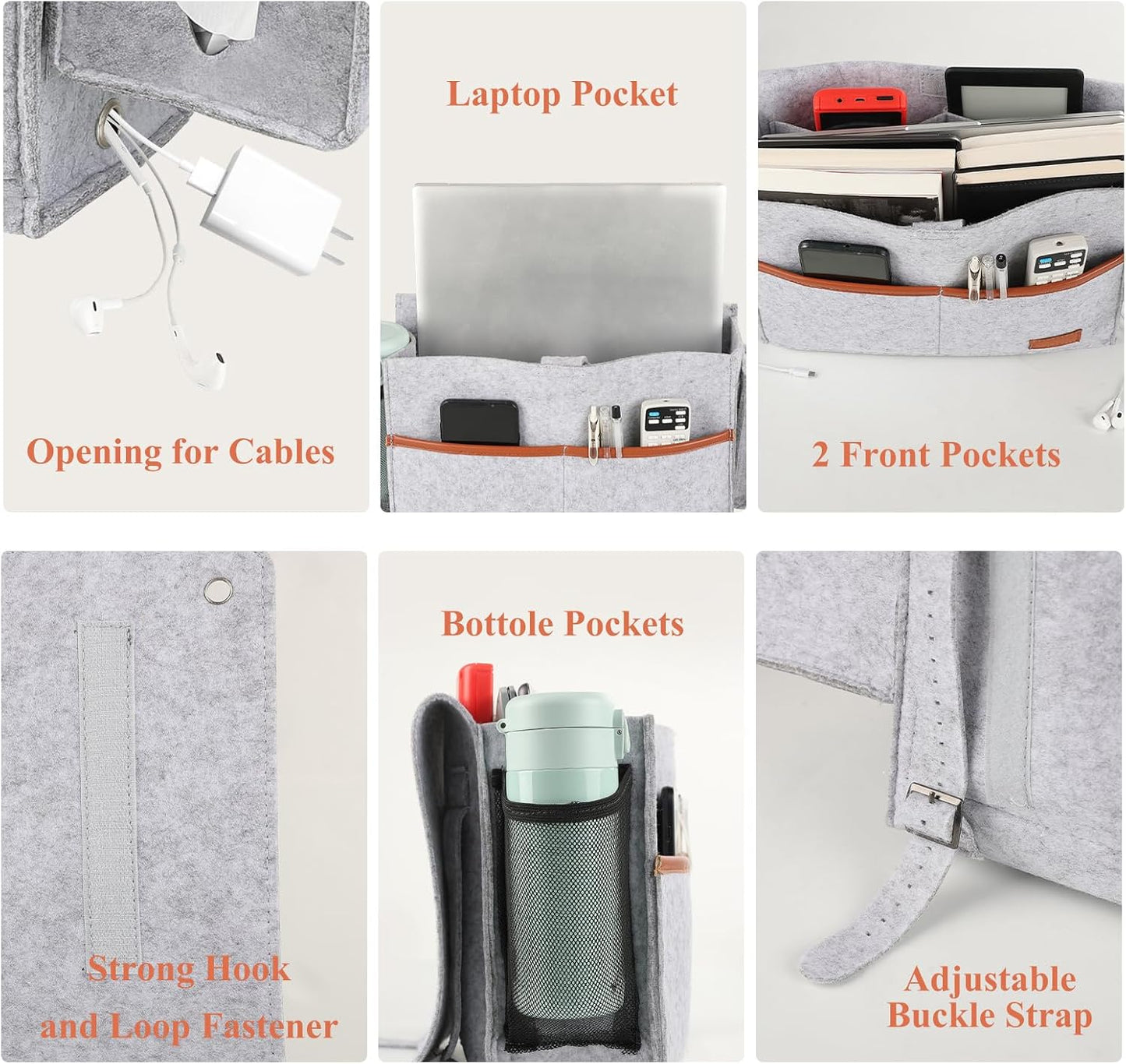 Surblue Bedside Caddy Felt Storage Organizer Hanging Bag with Tissue Box and Water Bottle Pocket for Mattress, Sofa, Bunk Bed, Dark Gray