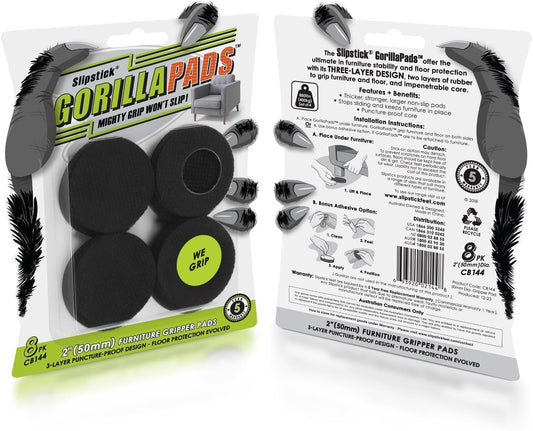 Slipstick GorillaPads CB144 Non Slip Furniture Pads/Grippers (Set of 8) Furniture Feet Floor Protectors, 2 Inch Round, Black