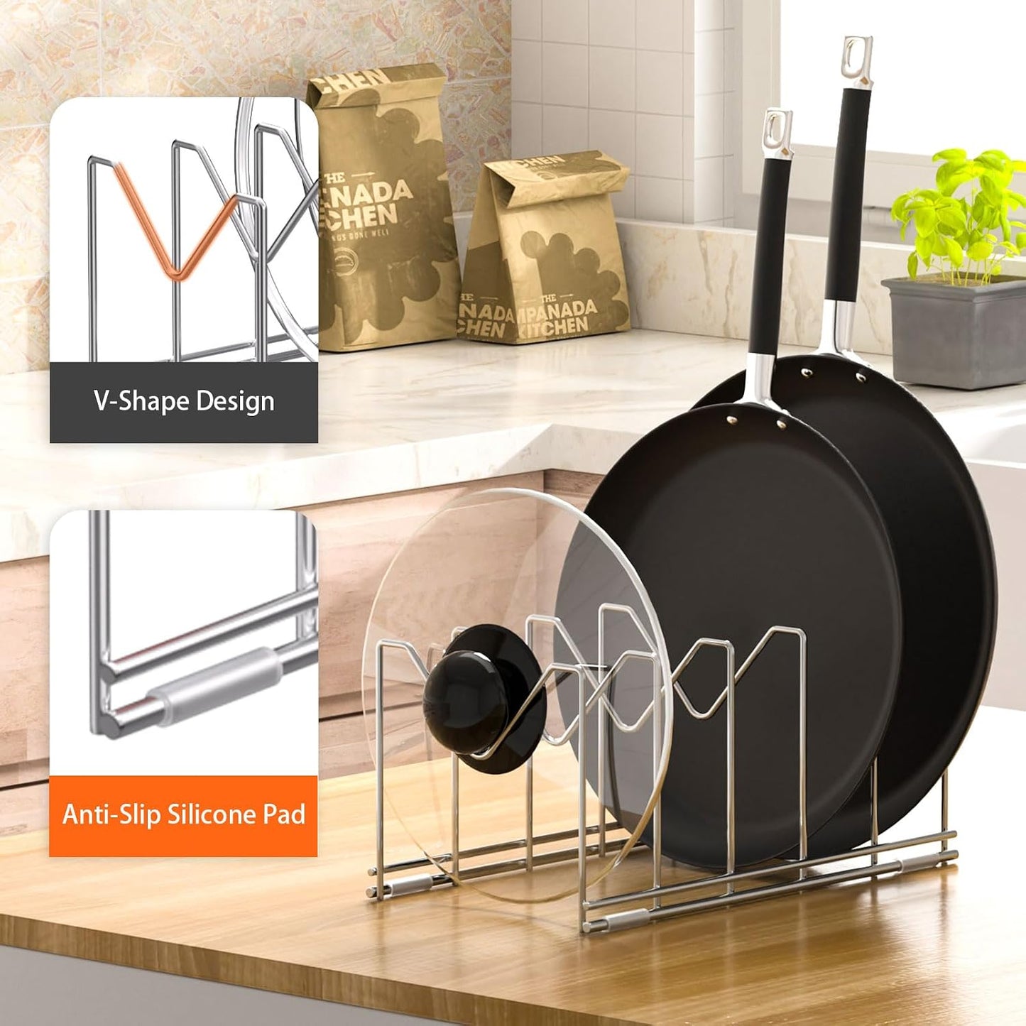 HzTinT 3 Pack Pot Lid Organizer, Holds 15 Lids, Plate & Cutting Board Rack | with Stainless Steel Build and Anti-Slip Pads, Lid Organizer for Cabinets, Drawers and Countertops, Silver