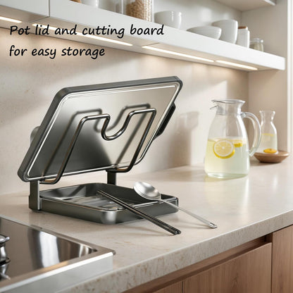 Kitchen Pot Lid Storage Rack, Pot Lid Holder While Cooking for Countertop | Stainless Steel Pot Lid Rack, Kitchen Countertop Organizer Removable Drip Tray, Lid Cutting Board Ladle Storage for Stove Top