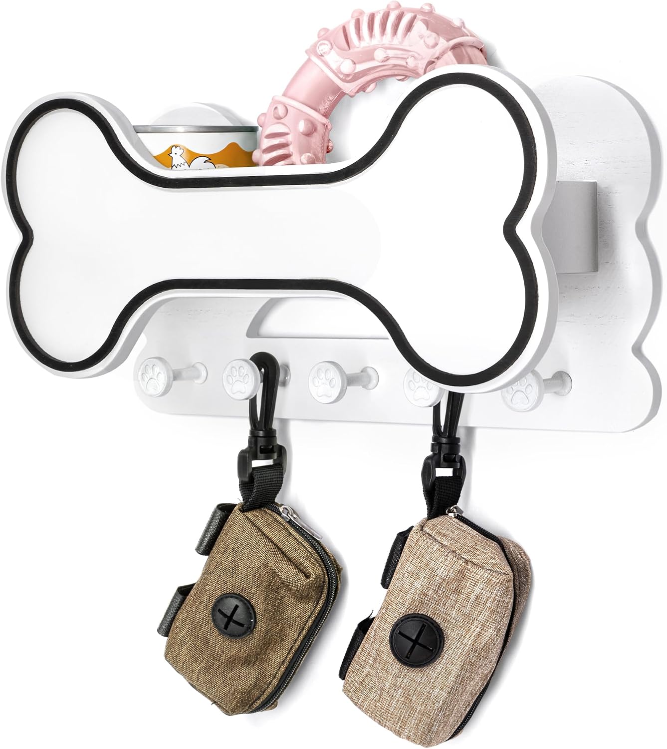 MTERSN Dog Leash Holder for Wall with Key Hooks for Dog Gear Storage, Brown | 3D Puppy Paw Hooks, Doggie Bone Shape, Key Rack with 5 Hooks, Wall Shelf for Treats & Dog Food, Ideal for Wall Decor