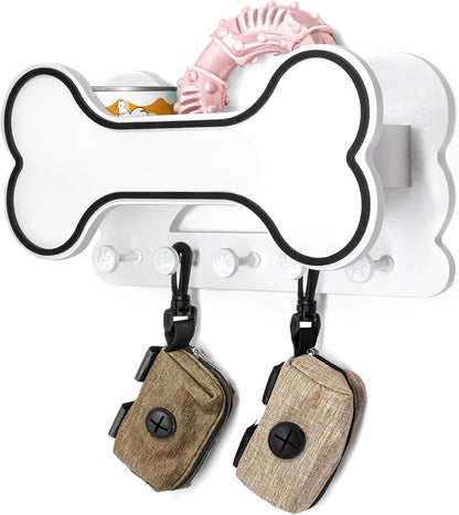 MTERSN Dog Leash Holder for Wall with Key Hooks for Dog Gear Storage, Brown | 3D Puppy Paw Hooks, Doggie Bone Shape, Key Rack with 5 Hooks, Wall Shelf for Treats & Dog Food, Ideal for Wall Decor
