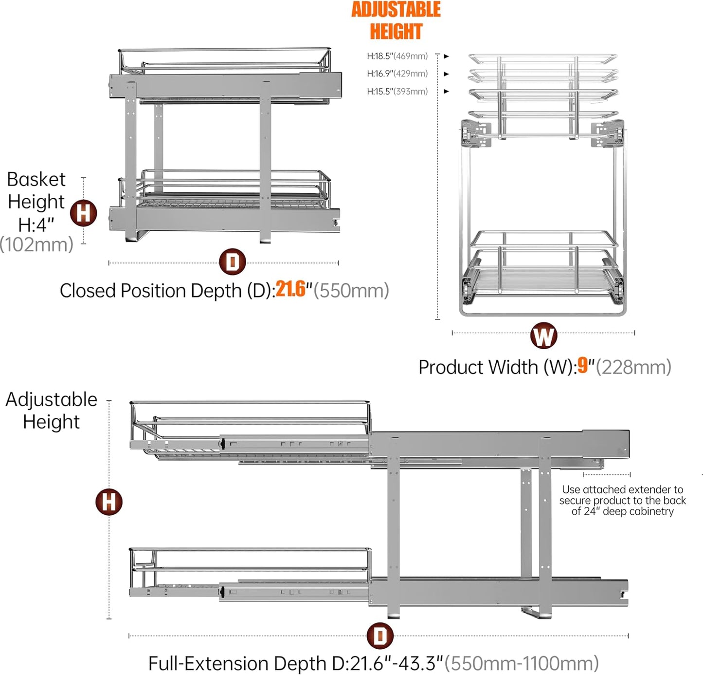 2-Tier Cabinet Pull Out Shelves, 14" W x 22" D, Chrome | Heavy-Gauge Wire Kitchen Cabinet Organizer, 100 lbs Capacity, Ball-Bearing Glides, Min 15" Opening, For Tupperware & Bowls