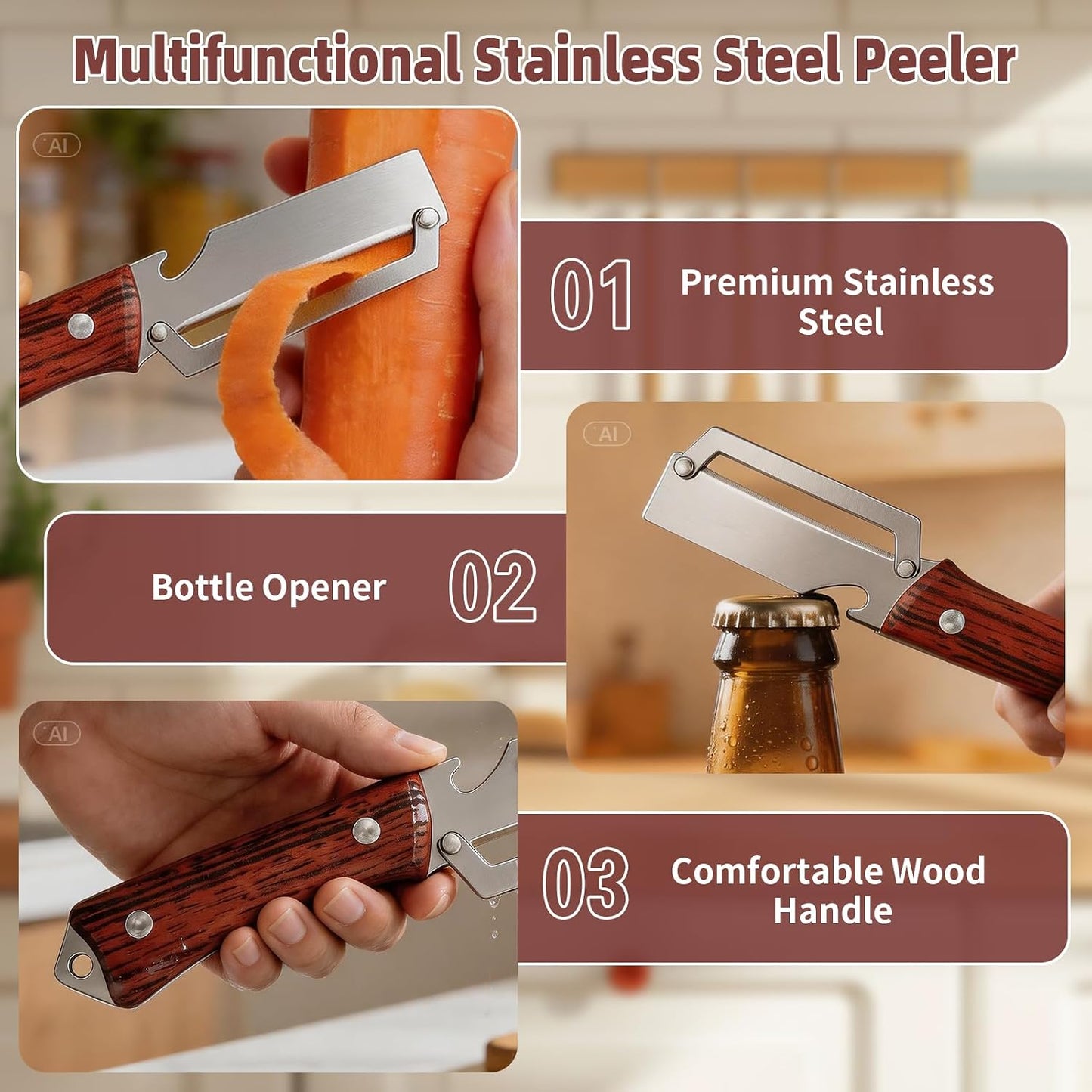 Julienne Peeler Vegetable Peeler for Veggie Potato Carrot(2 Pack) | Multifunctional Cabbage Shredder | 3 in 1 Peeler and Julienne Shredder Tool | Wooden Handle | Bottle Opener