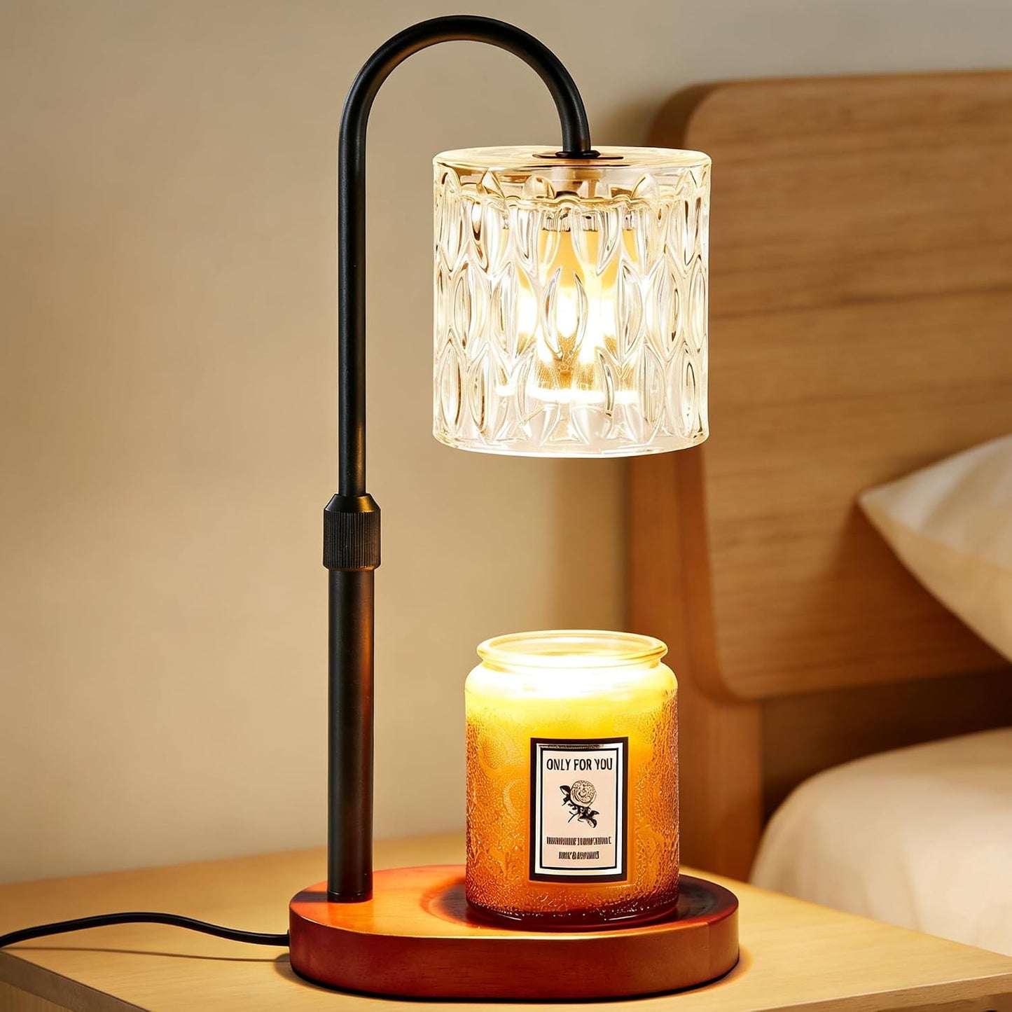Dreamholder Electric Candle Warmer Lamp with Timer, Dimmable Candle Lamp with Adjustable Height, Wax Melter for Jar Candles Wood Base Floral Home Decor Gifts for Women Mom, Silver Glass