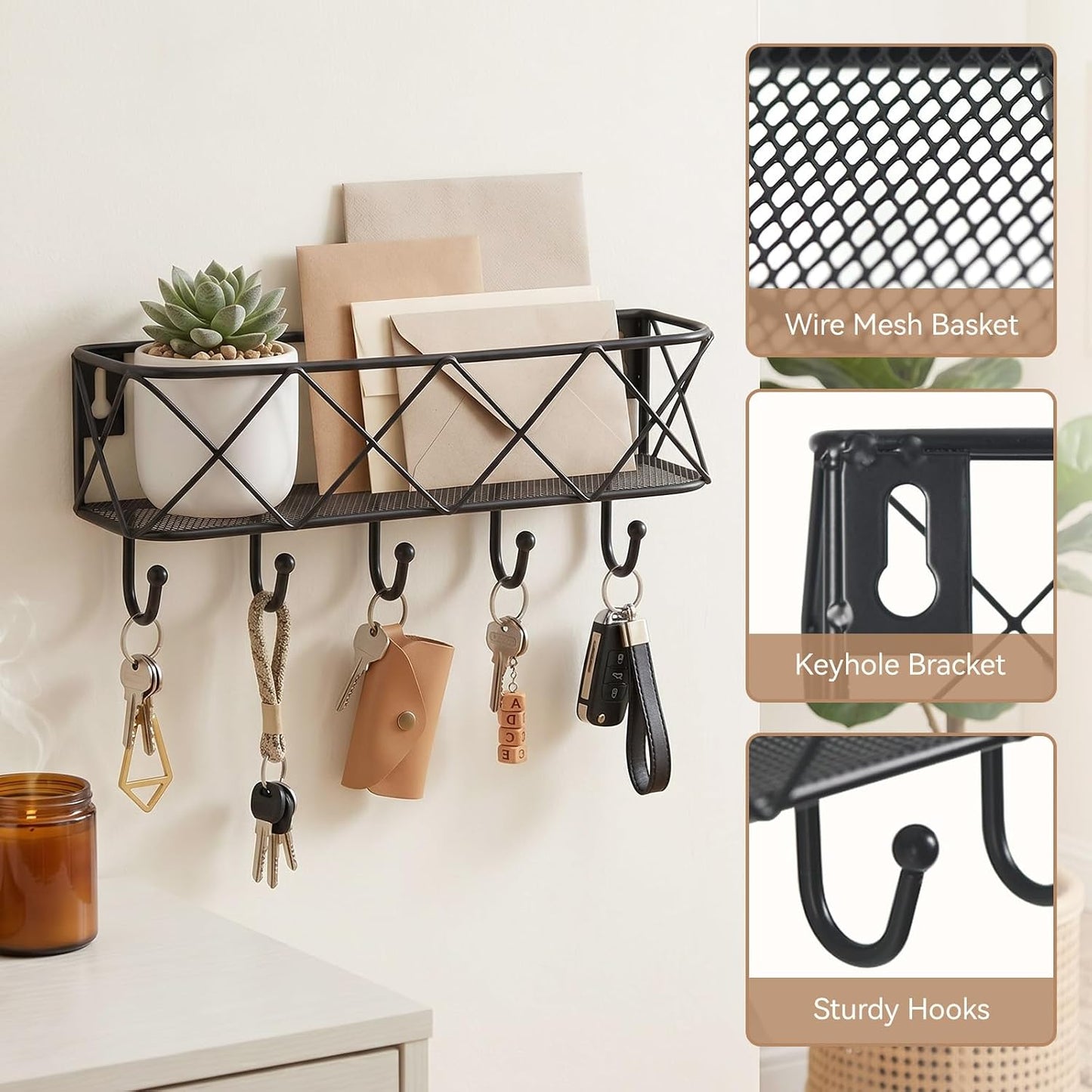 HappyHapi Key Holder Wall Mount, Metal Key Rack, 9.8”Lx2.1”Wx4.1”H | Wall Mounted Key Hooks for Wall with 5 Hooks, Mail Holder for Wall for Entryway, Bedroom, Living Room