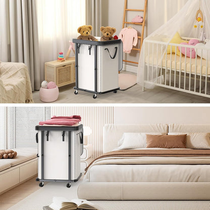 Laundry Hamper with Wheels,150L Leather Patchwork Clothes Hamper Black | Rolling Laundry Basket with Sturdy Metal Frame, Removable Washable Bag,Tall Clothes Sorter for Bedroom, Laundry Room, Dorm
