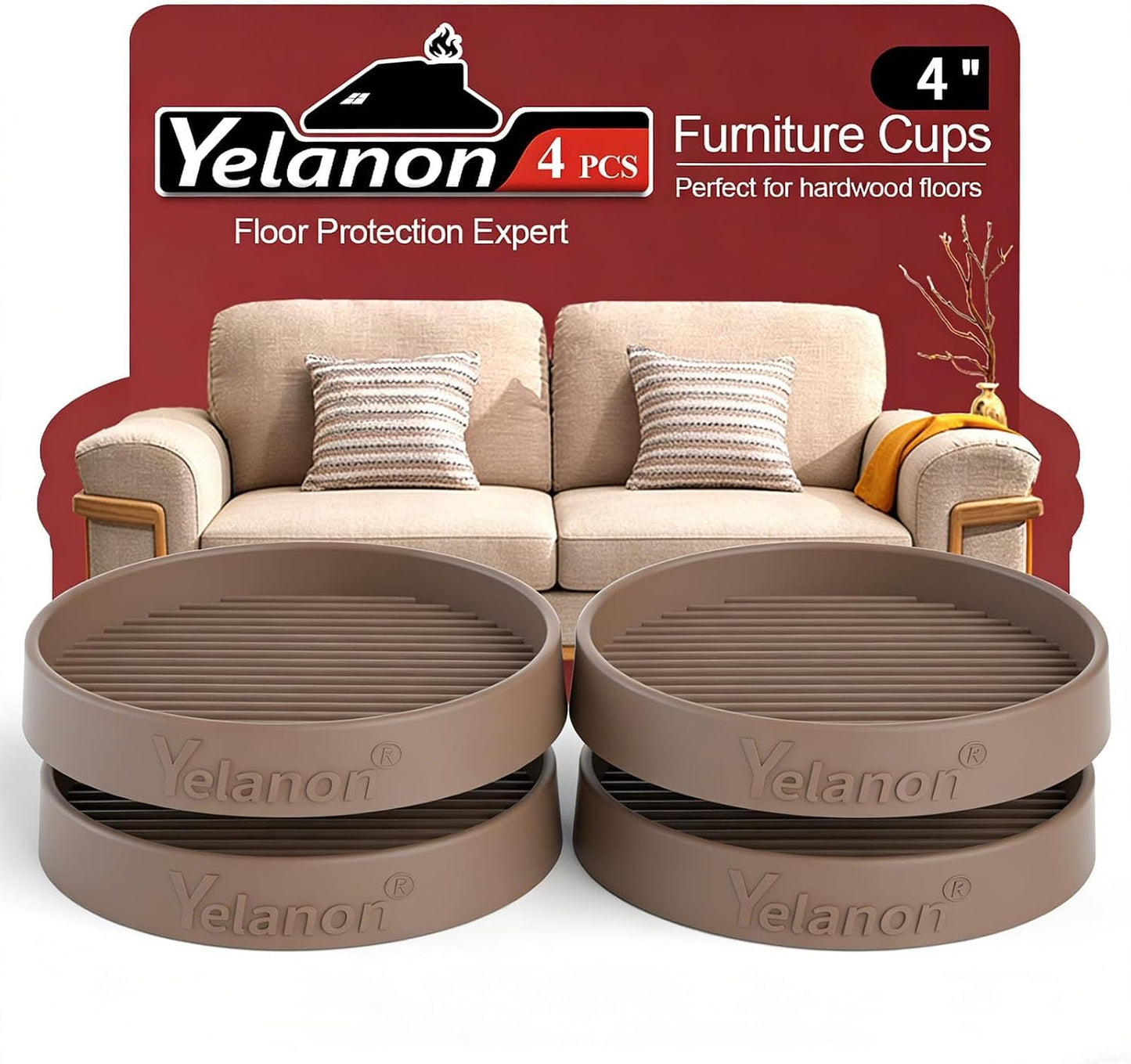 Furniture Coasters 4 Pcs 4” Furniture Caster Cups - Non Slip Furniture Pads Hardwoods Floors - Non Skid Grippers Rubber Furniture Feet Anti Slide Floor Protector for Bed Couch Stoppers Black