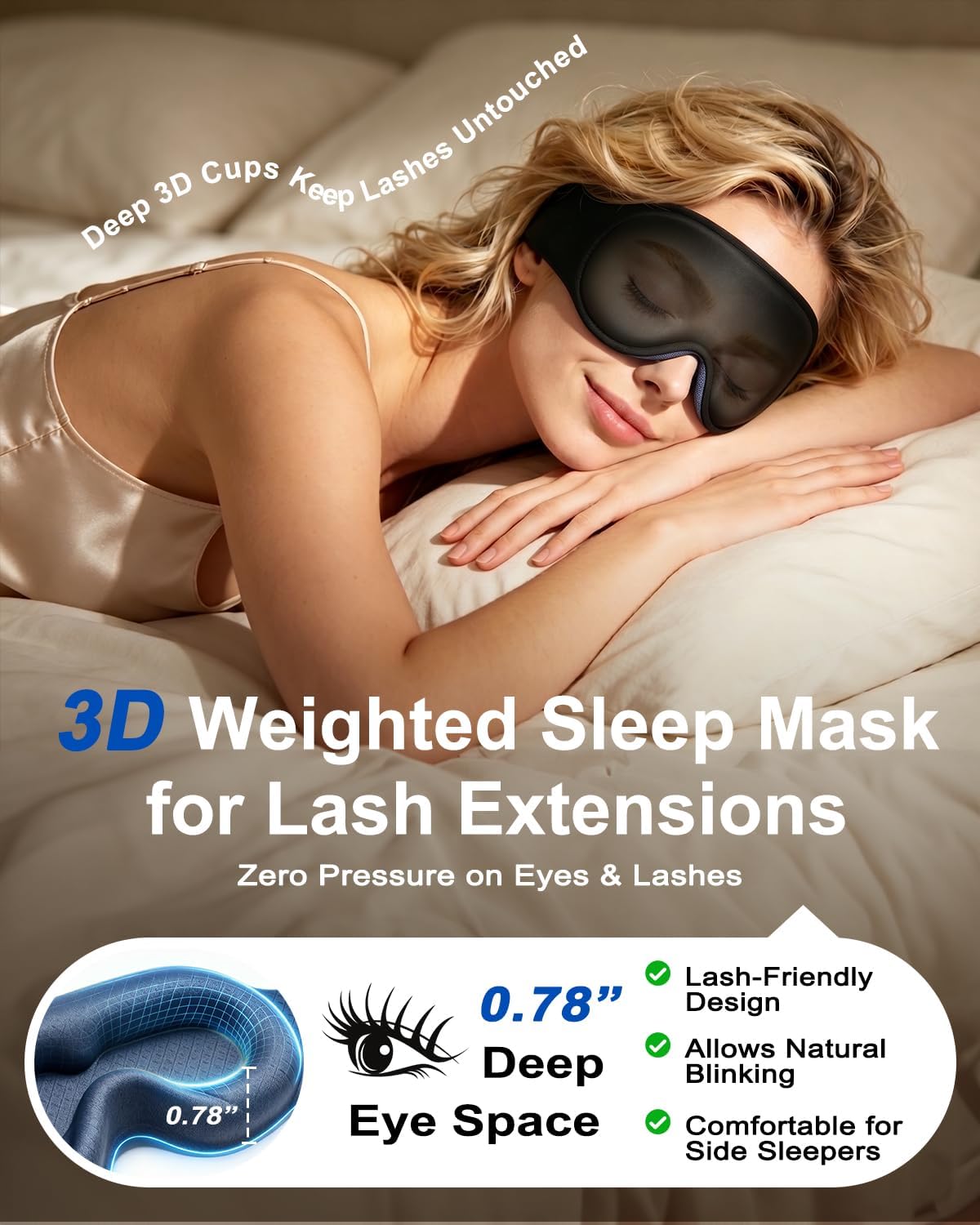 Weighted Eye Mask for Sleeping, 100% Blackout Sleep Mask for Women and Men | Deep 3D Contoured for Lash Extensions, Zero Eye Pressure, Memory Foam, Adjustable Strap for Airplane Travel and Meditation