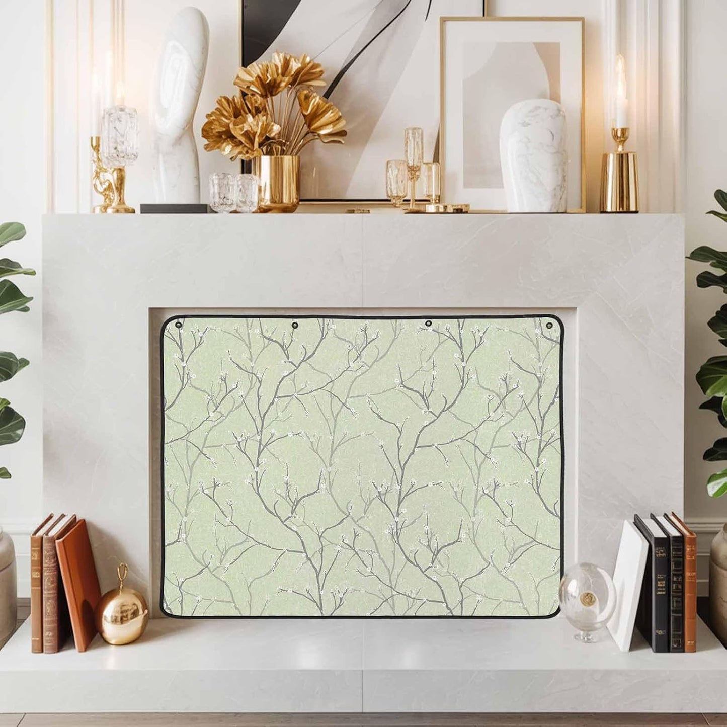 Magnetic Fireplace Cover White Vines Fireplace Screen Decorative Flowers Leaves Tree Branches Insulation Fireplace Blocker Blanket Save Energy Fireplace Draft Stopper Covers for Living Room 39x32 Inch