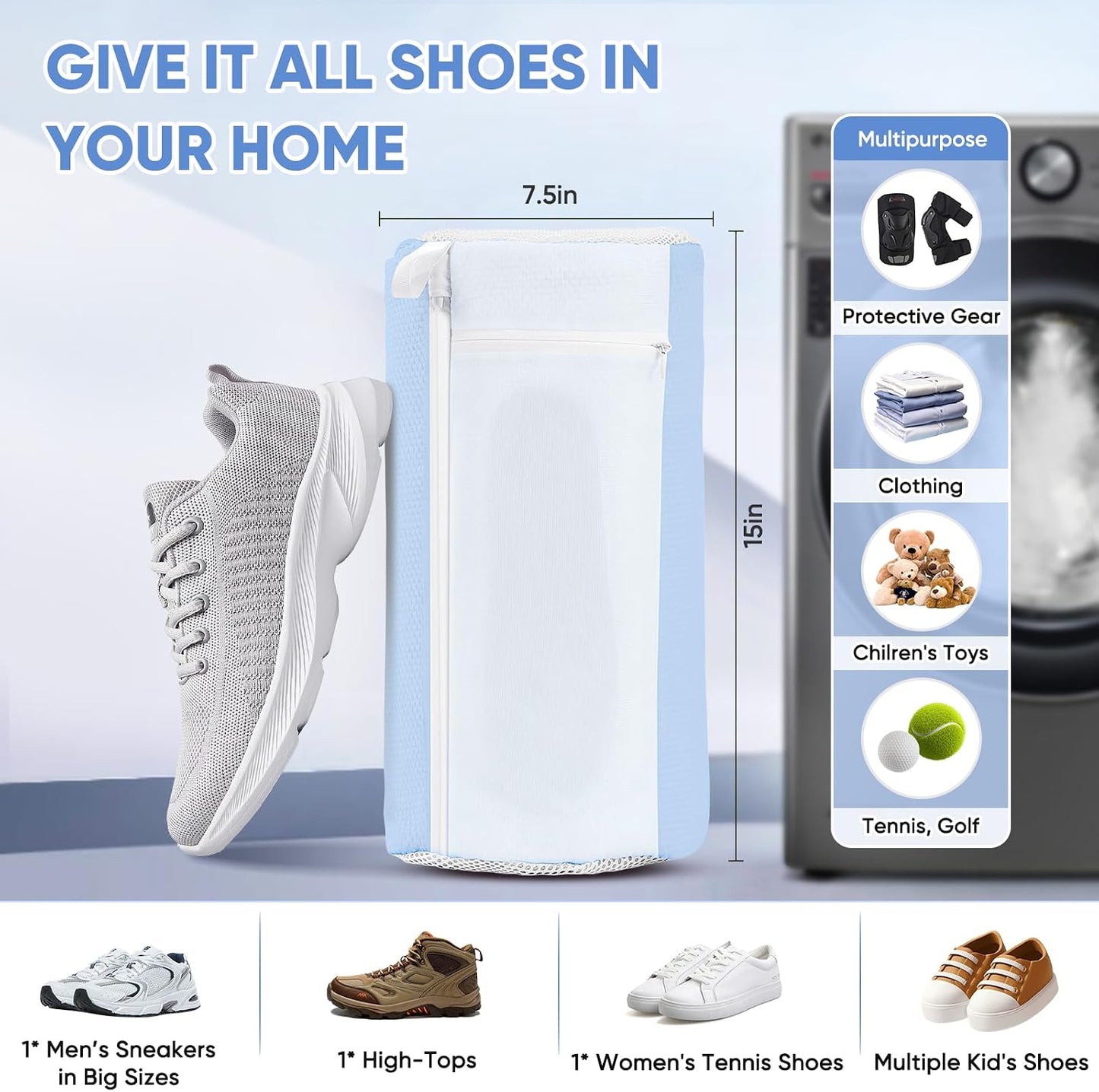 2 Pack XXL Shoe Washing Machine Bag, 700 GSM Heavy Duty Shoes Cleaning Bag with Anti-Tangle Mesh Pocket, 2 Adjustable Shoe Trees Keep Shape, Reusable Sneaker Laundry Bag for Frequent Wash, White