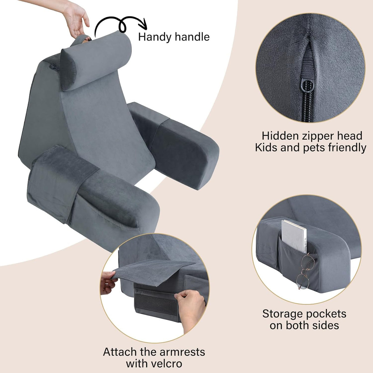 ENITYA 21" Reading Pillow for Bed with Firm Back Support & Big Pockets