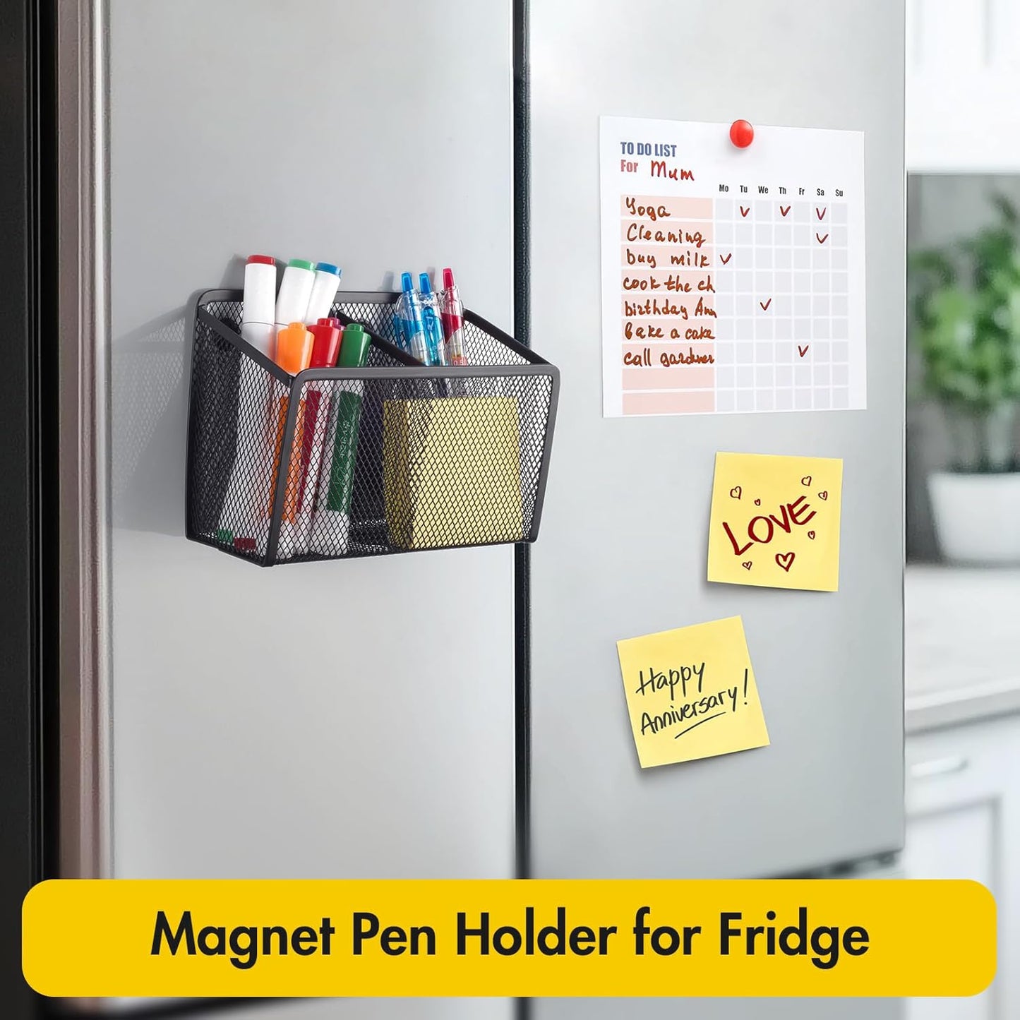 BEYGORM Magnetic Dry Erase Marker Holder for Whiteboard, Locker Organizer | Mesh Non-slip Pen & Pencil Holder for Refrigerator, Basket for Classroom, School &Office (Black, 1-Pack)